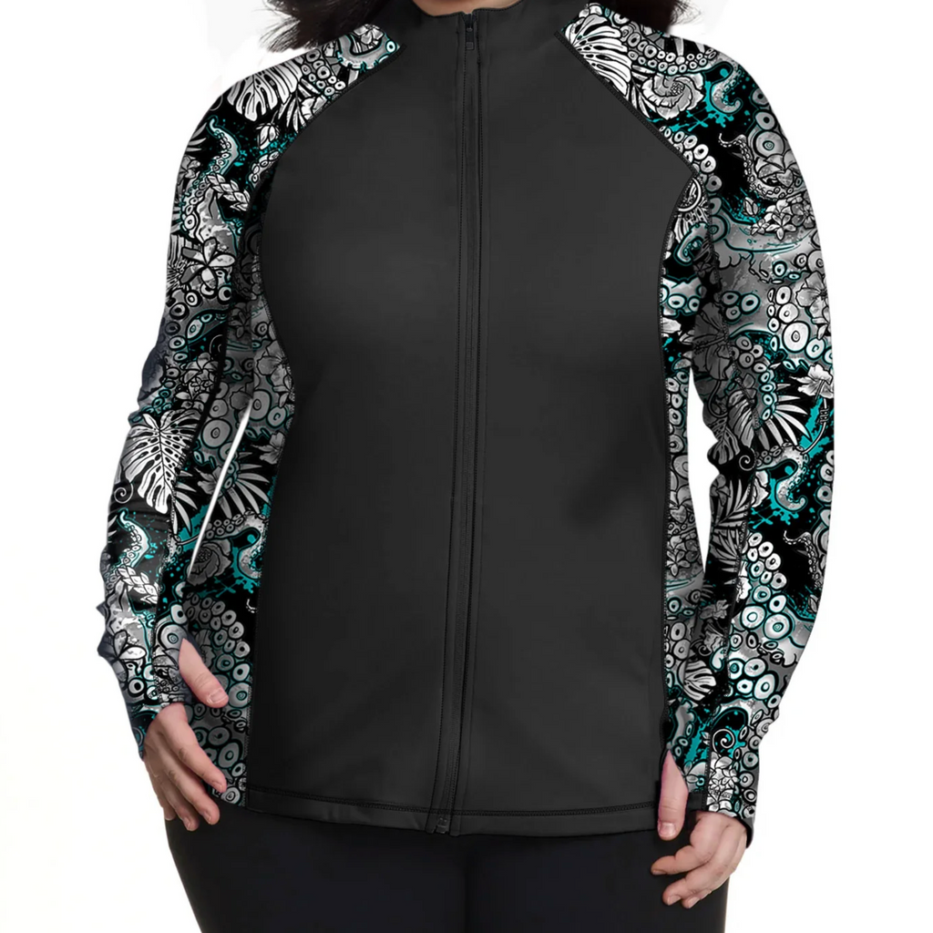 Spacefish Army Plus Size Zip Up Rashguard - Electric Blue Octofloral