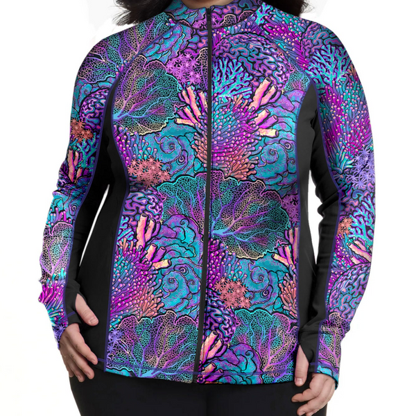 Spacefish Army Plus Size Zip Up Rashguard - Coral Kaleidoscope
