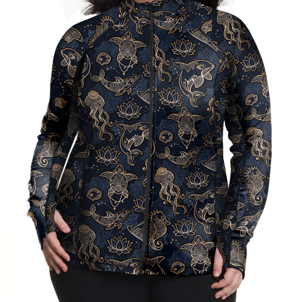 Spacefish Army Plus Size Zip Up Rashguard - Ocean Mandala